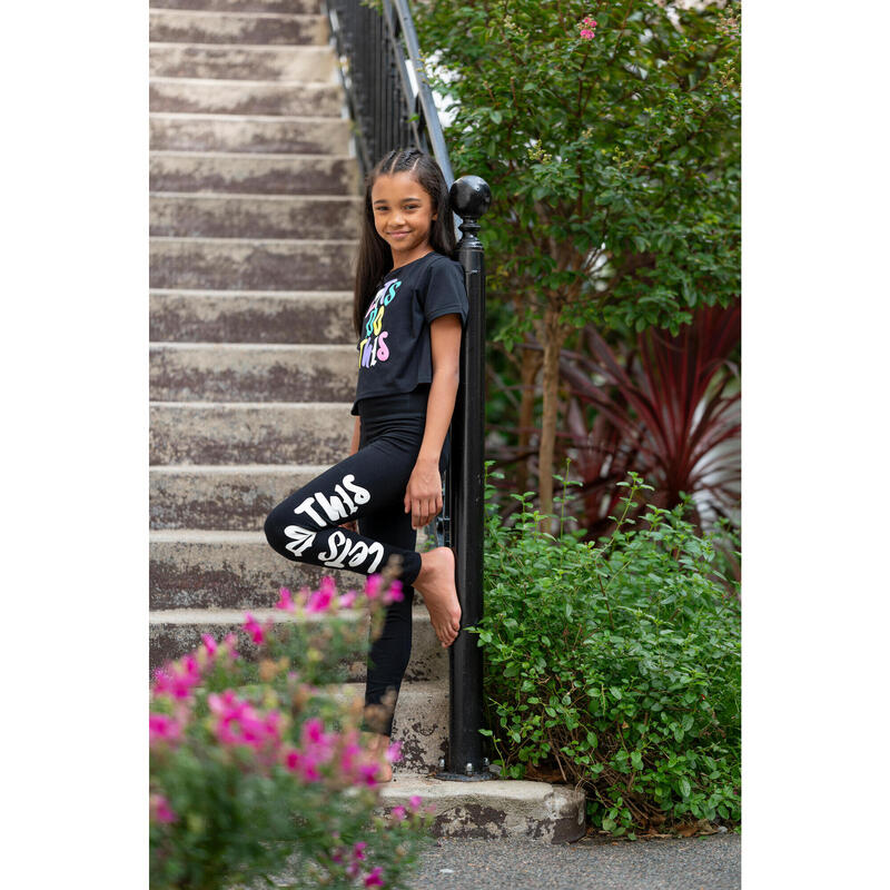 Legging danse moderne taille haute fille, noir ultra et blanc ultra