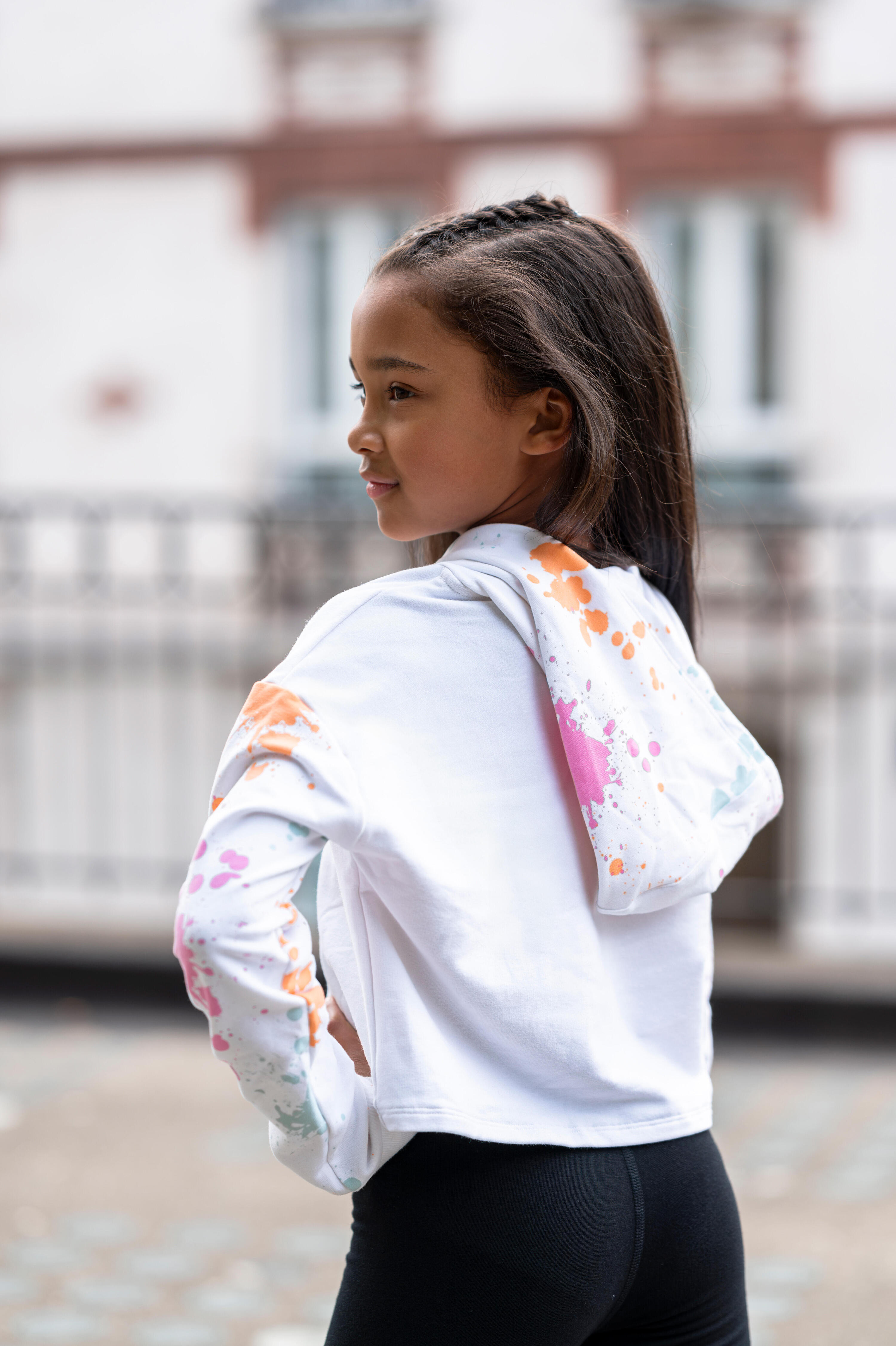 Sweat danse modern jazz crop avec capuche fille, blanc ultra et vert céladon 8/8