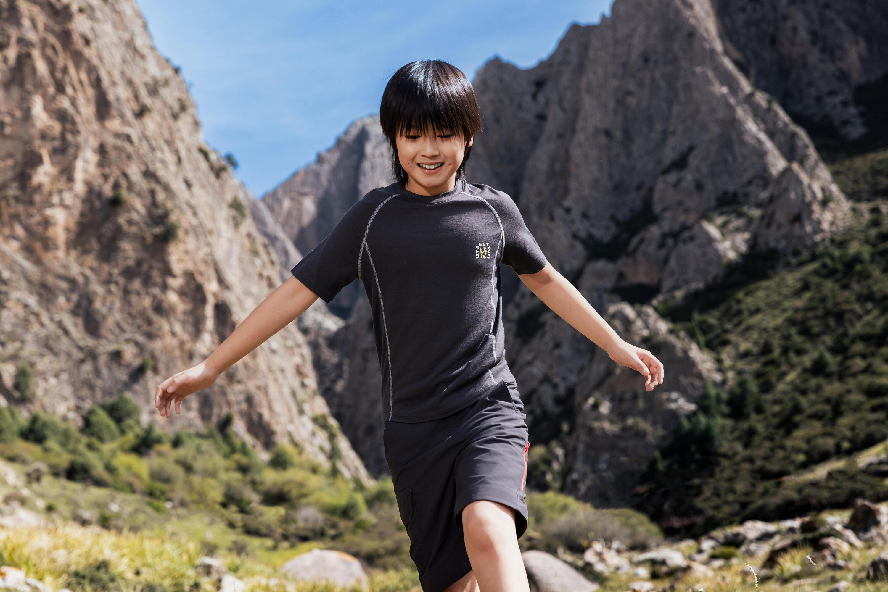 T-shirt de Caminhada Lã Merino Criança 7-15 Anos MH900 Cinzento 12/20
