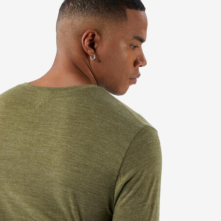 Футболка чоловіча для трекінгу з довгими рукавами із мериносової вовни зелена