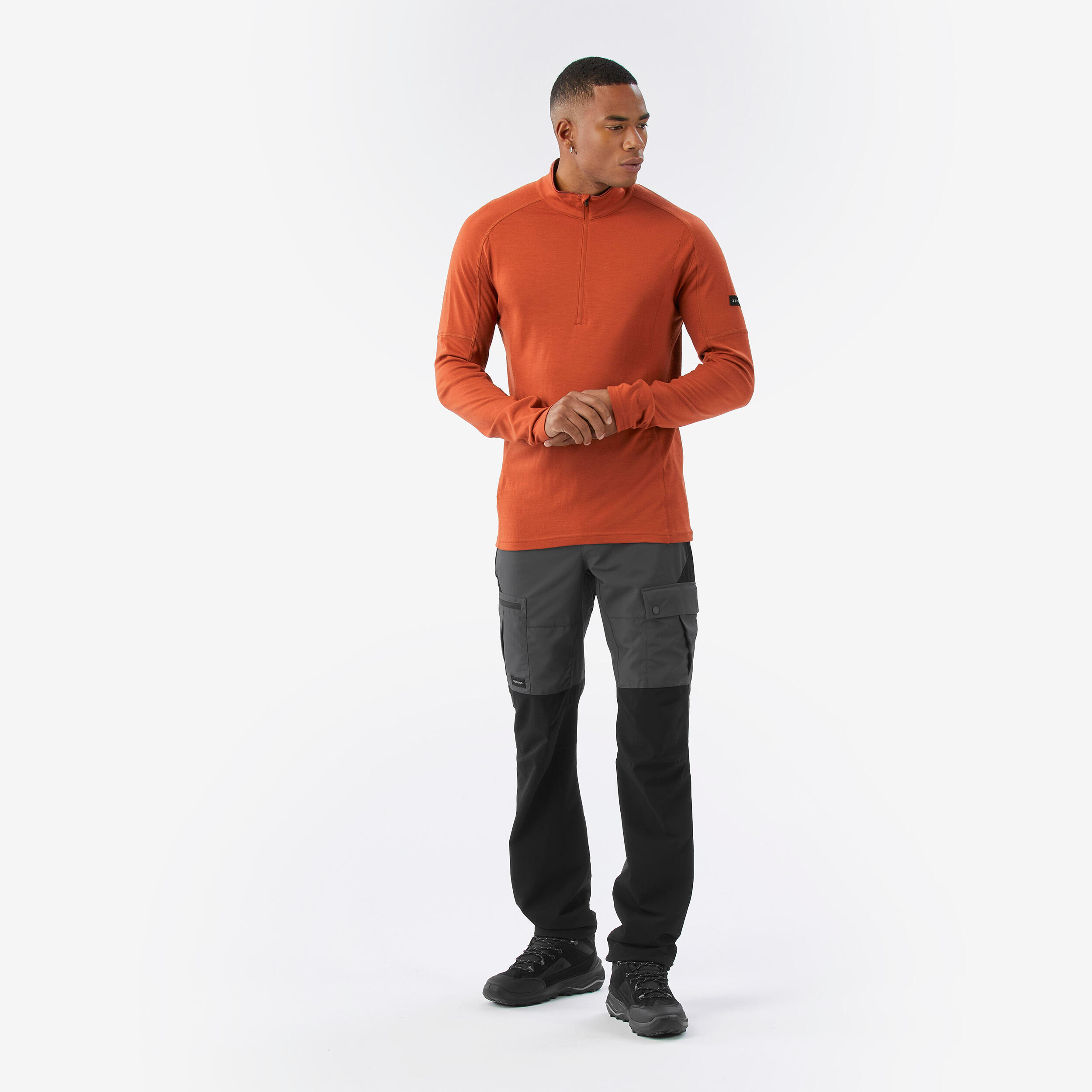 T-shirt manches longues à col zip en laine mérinos homme, Merino Resist marron 2/8