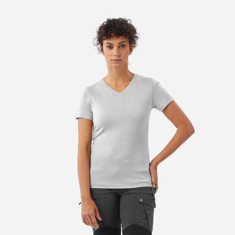 Tricou din Lână merinos Trekking călătorie Travel500 Alb Damă