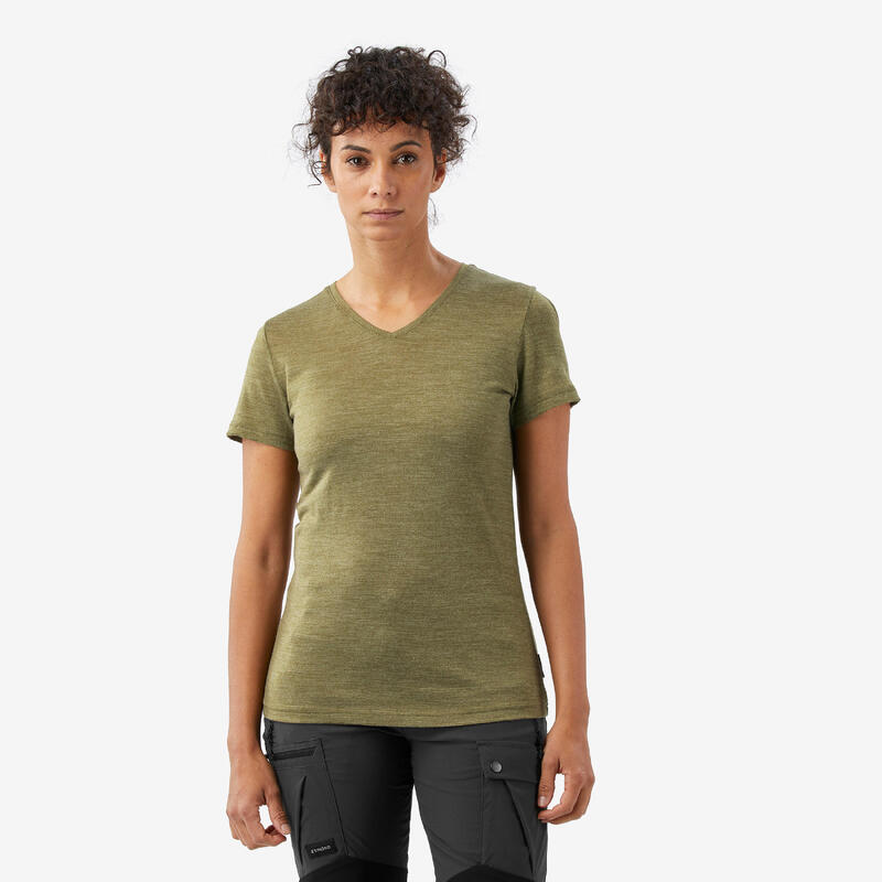 Merino trekkingshirt met lange mouwen voor dames Fresh kaki