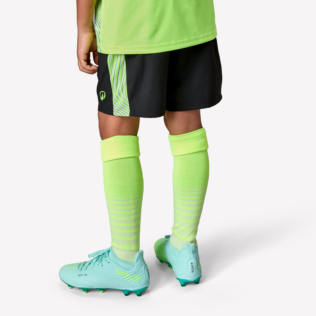 Kids' Football Shorts Viralto Wavy - Black with Yellow Strip