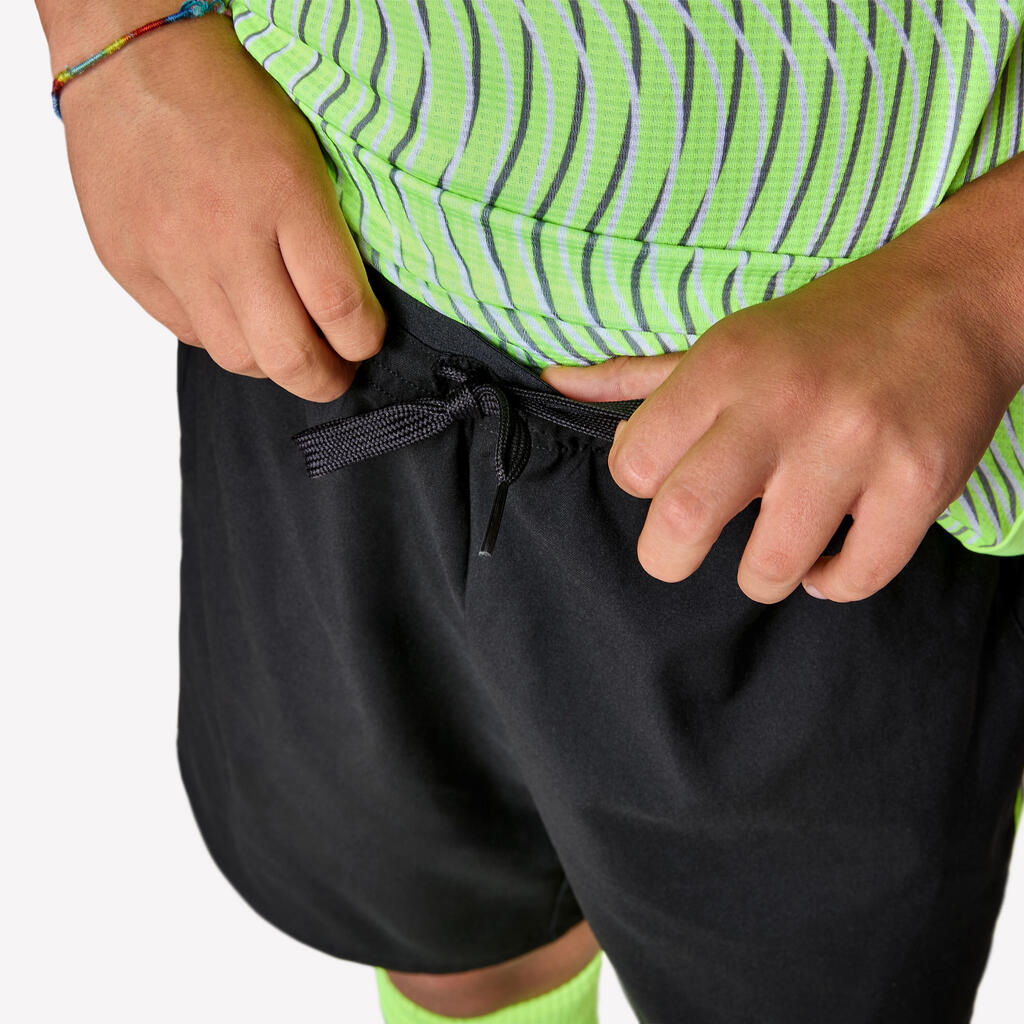 Kids' Football Shorts Viralto Wavy - Black with Yellow Strip