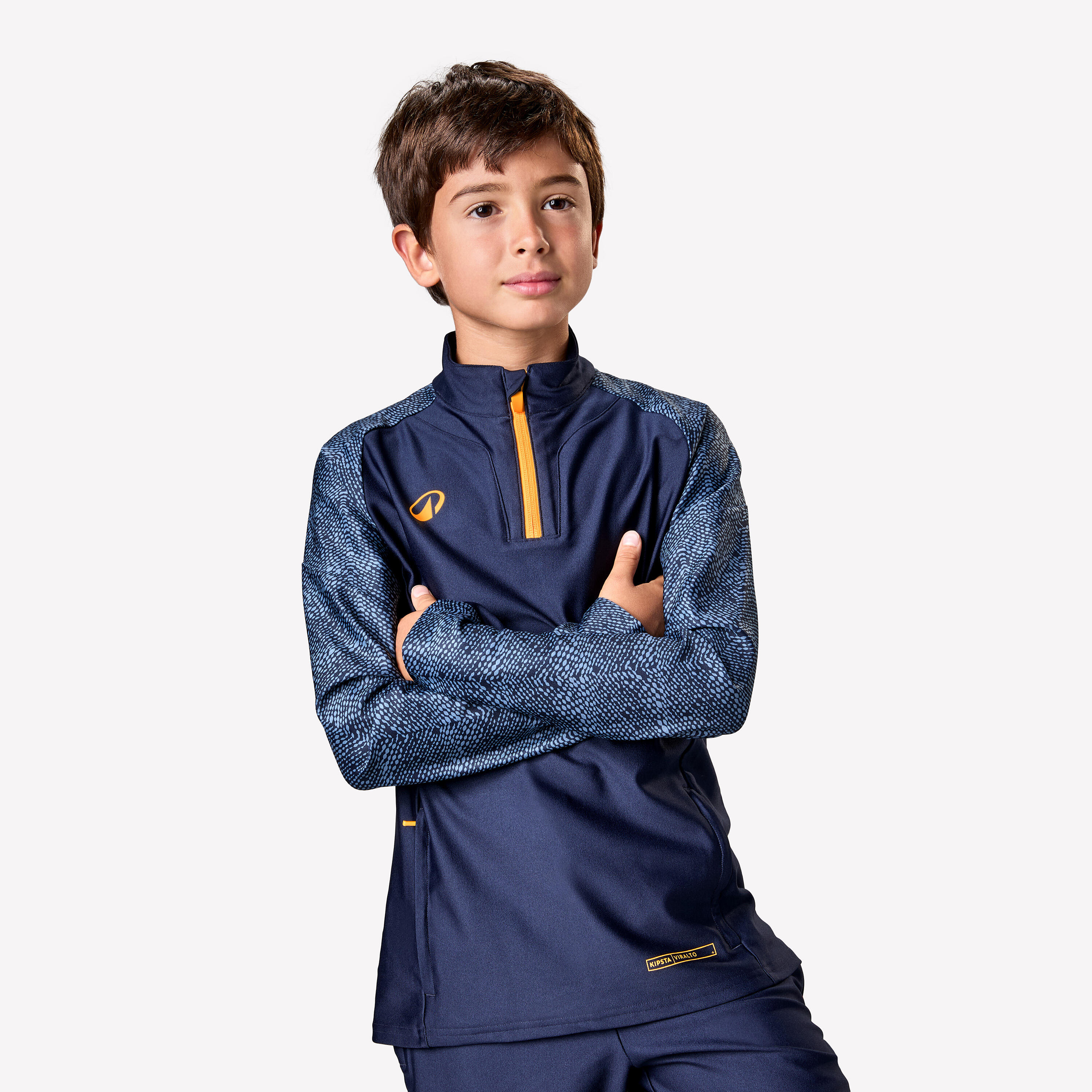 KIPSTA Kids' Football 1/2 Zip Sweatshirt Viralto Roarr - Blue/Navy/Orange