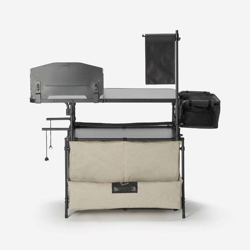Mobilier bucătărie camping XL, cu chiuvetă 10L, protecție vânt și spații depoz.
