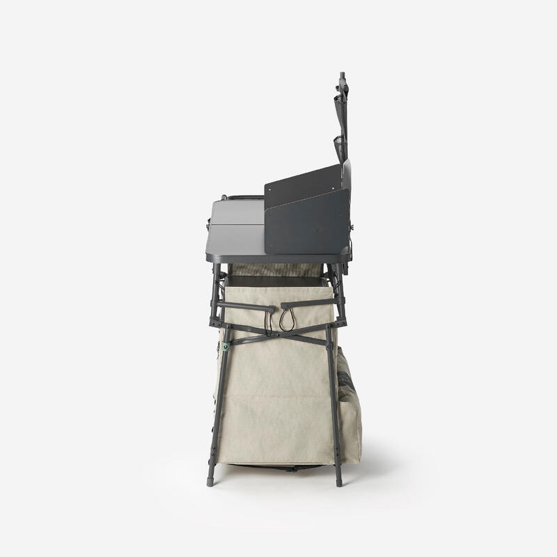 Mobilier bucătărie camping XL, cu chiuvetă 10L, protecție vânt și spații depoz.