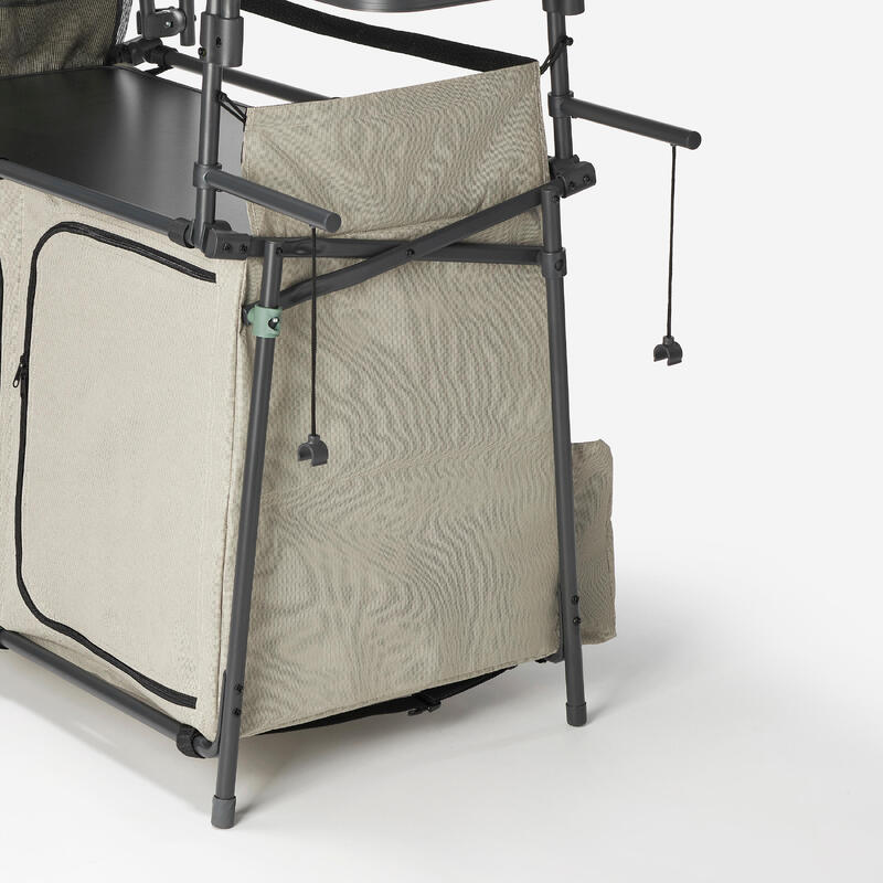 Mobilier bucătărie camping XL, cu chiuvetă 10L, protecție vânt și spații depoz.