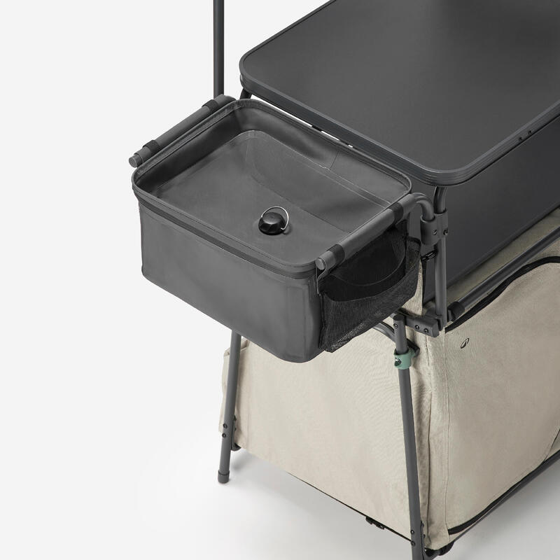 Mobilier bucătărie camping XL, cu chiuvetă 10L, protecție vânt și spații depoz.
