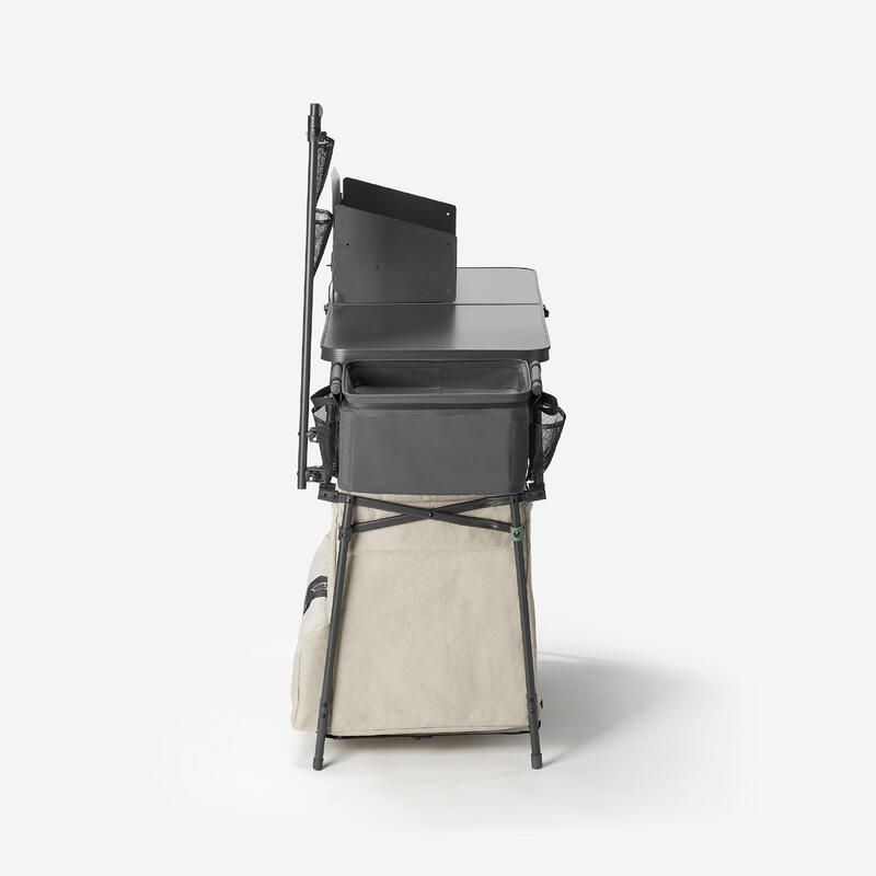 Mobilier bucătărie camping XL, cu chiuvetă 10L, protecție vânt și spații depoz.