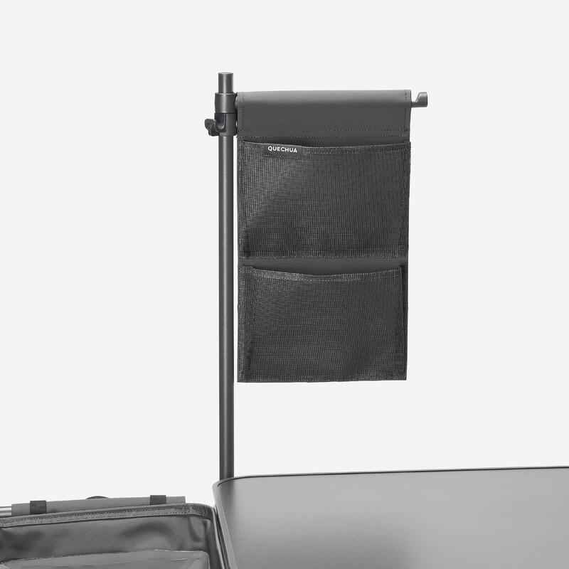 Mobilier bucătărie camping XL, cu chiuvetă 10L, protecție vânt și spații depoz.