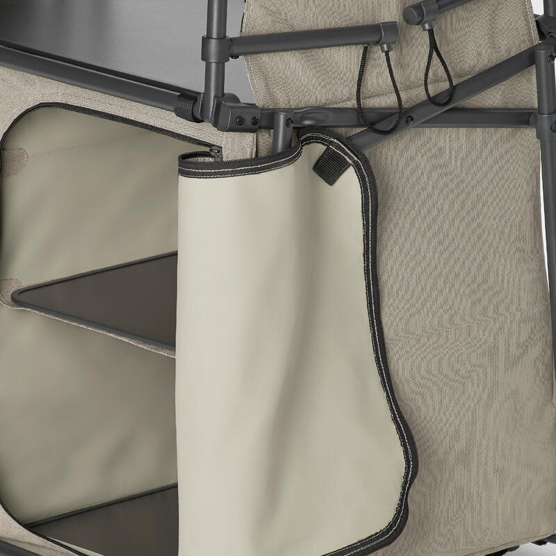 Mobilier bucătărie camping XL, cu chiuvetă 10L, protecție vânt și spații depoz.