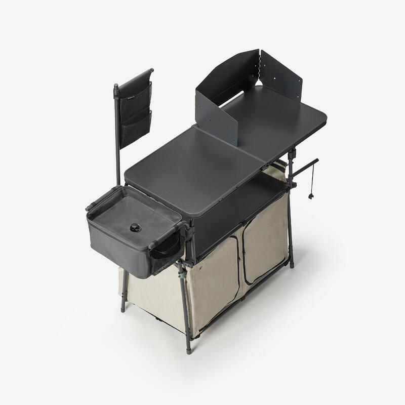 Mobilier bucătărie camping XL, cu chiuvetă 10L, protecție vânt și spații depoz.