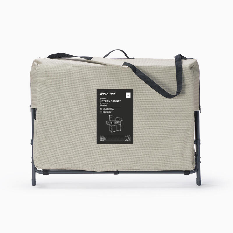 Mobilier bucătărie camping XL, cu chiuvetă 10L, protecție vânt și spații depoz.