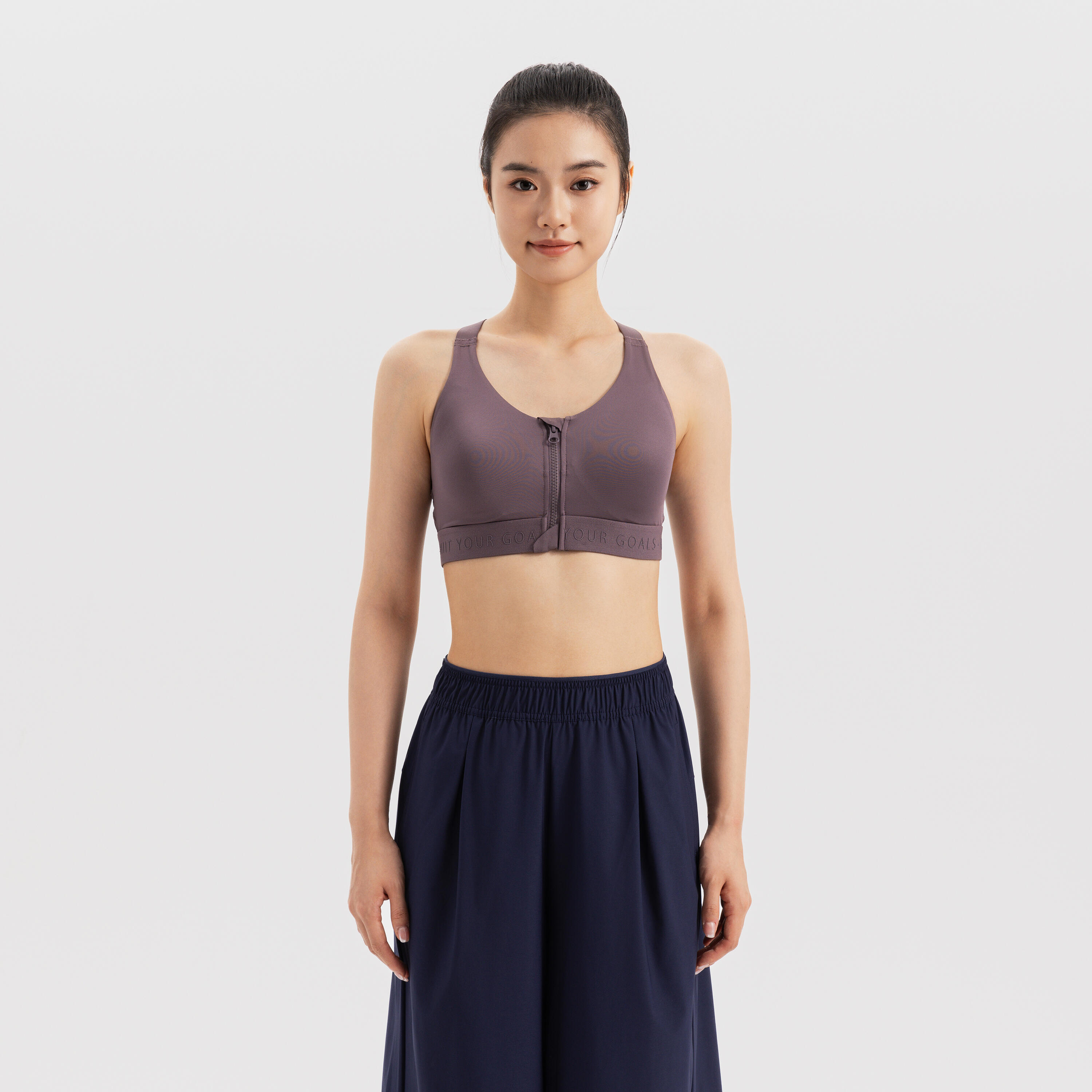 Women's High Support Zipped Sports Bra with Cups - Brown