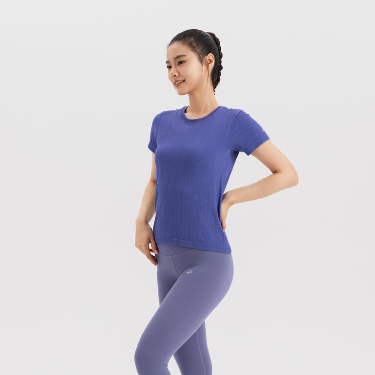 Women's blue short-sleeve yoga top with matching high-waisted leggings