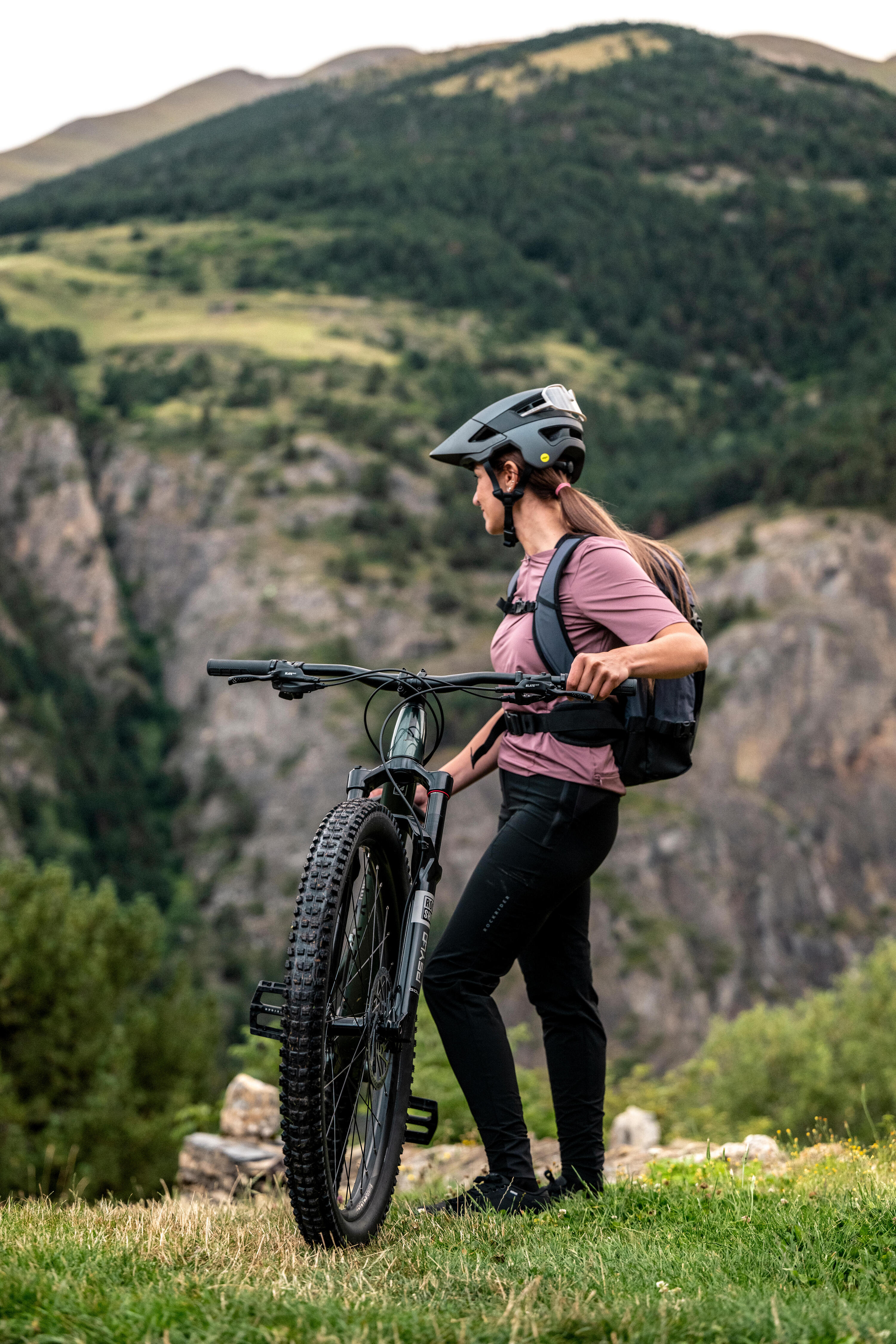 Eine Person mit Helm und Rucksack hält ein Mountainbike auf einer grasbewachsenen Anhöhe. Im Hintergrund erstreckt sich eine tiefe Bergschlucht vor bewaldeten Berghängen.