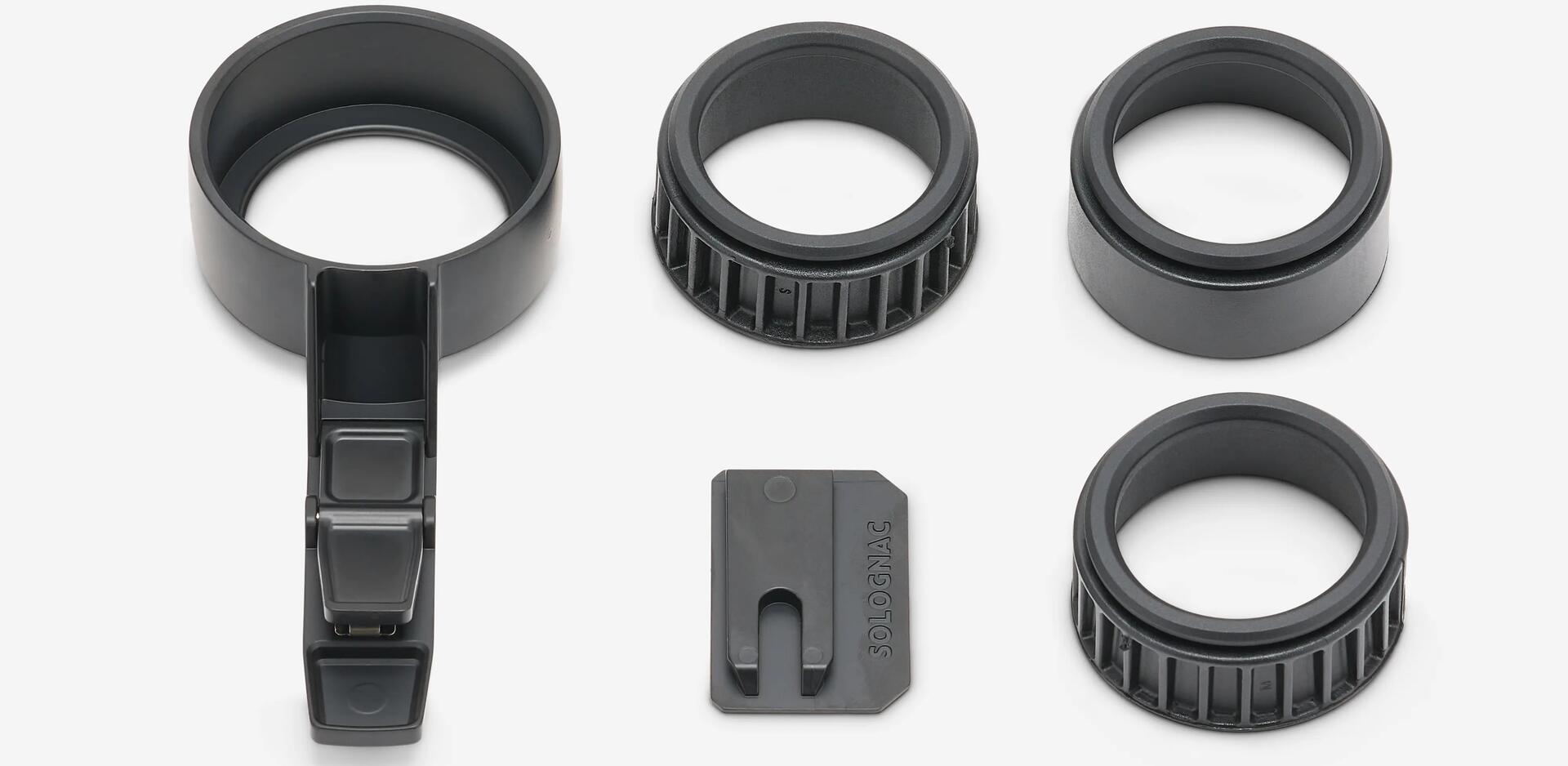 The various parts that make up the Solognac telephone adapter for digiscoping