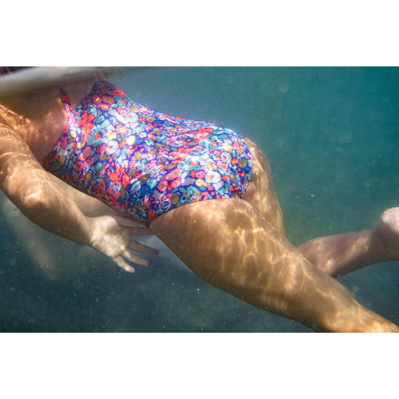 Maillot 1 pièce fleuri surf Fille - Hanalei bleu et rose