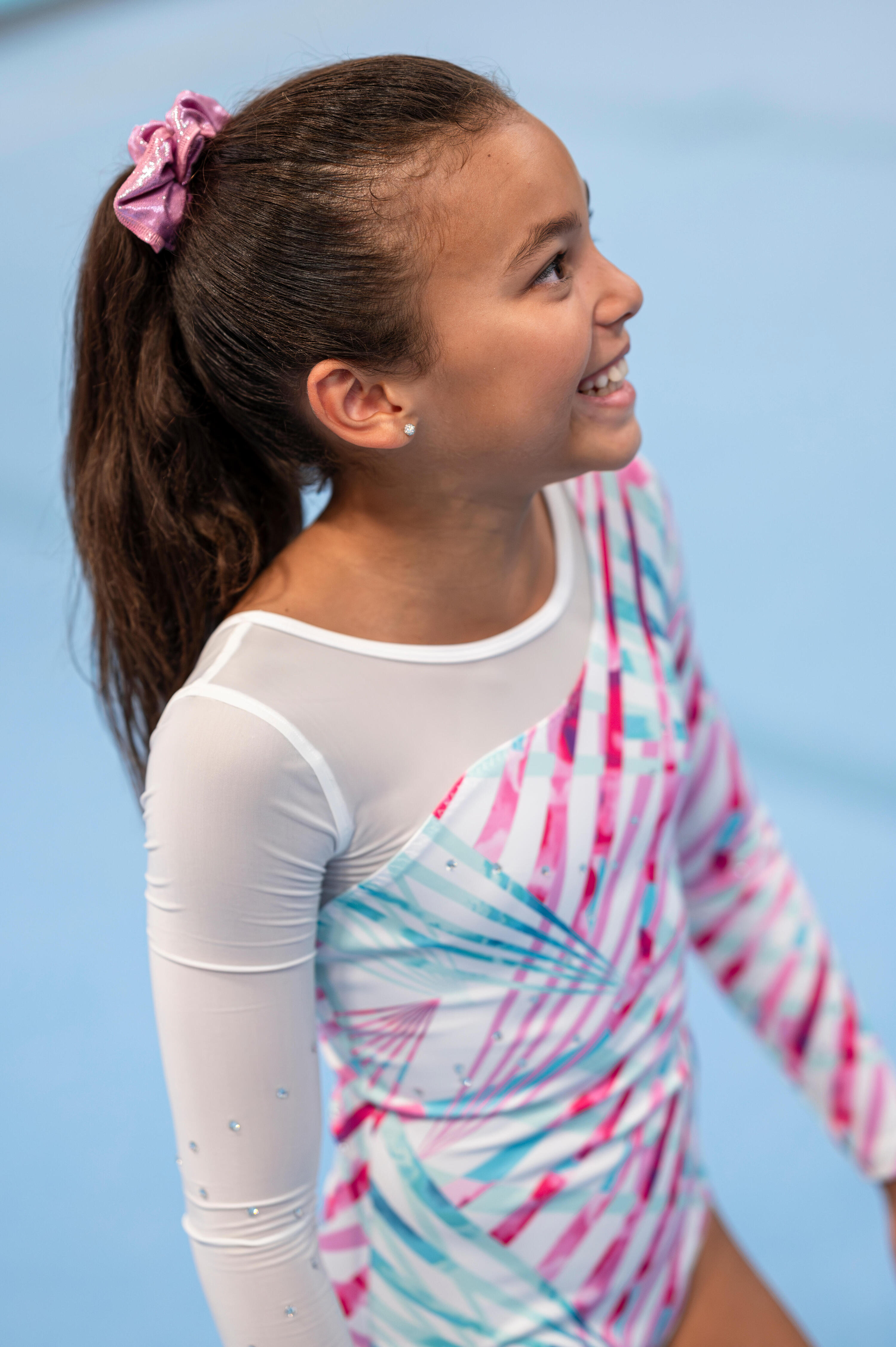 Body bambina ginnastica artistica manica lunga con strass bianco stampato 7/9