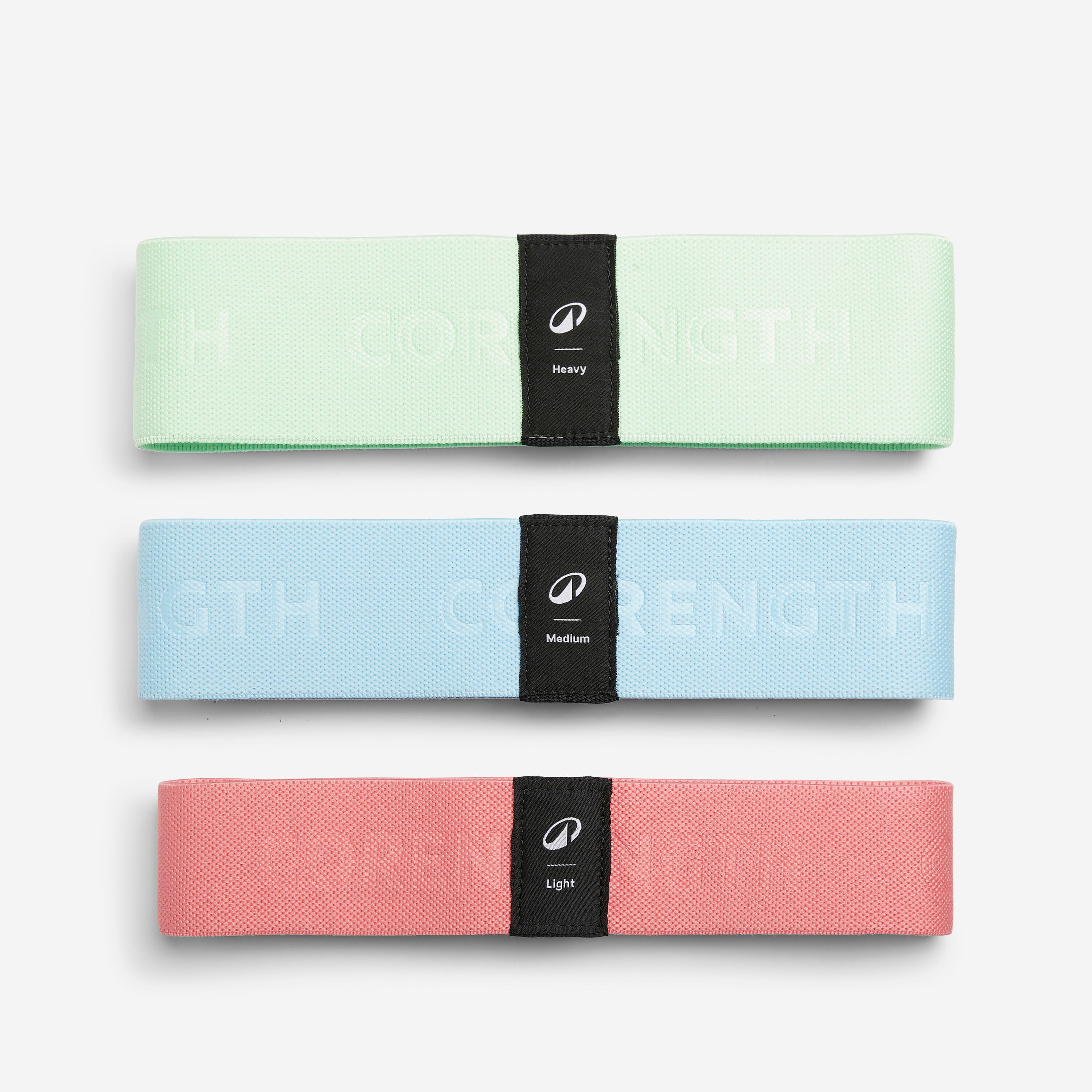 Set of 3 training bands for glute workouts, green, blue and pink