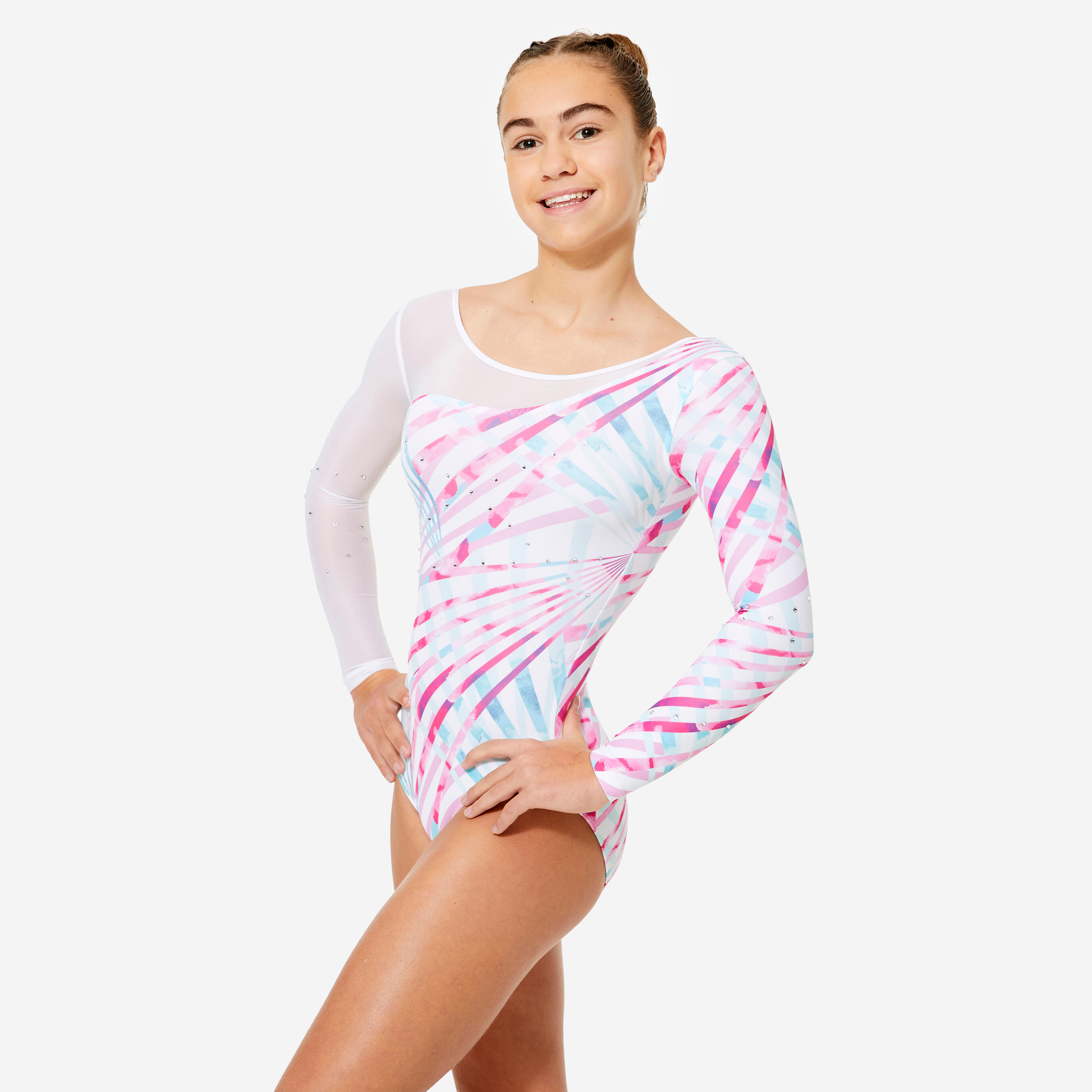 DOMYOS Gymnastický trikot s dlhými rukávmi biely s potlačou 113-122 cm