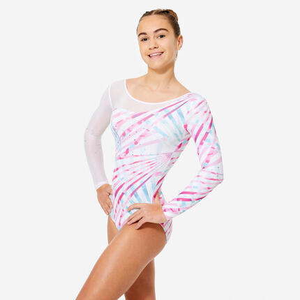 Justaucorps gym manches longues à strass, fille - bleu mauve imprimé