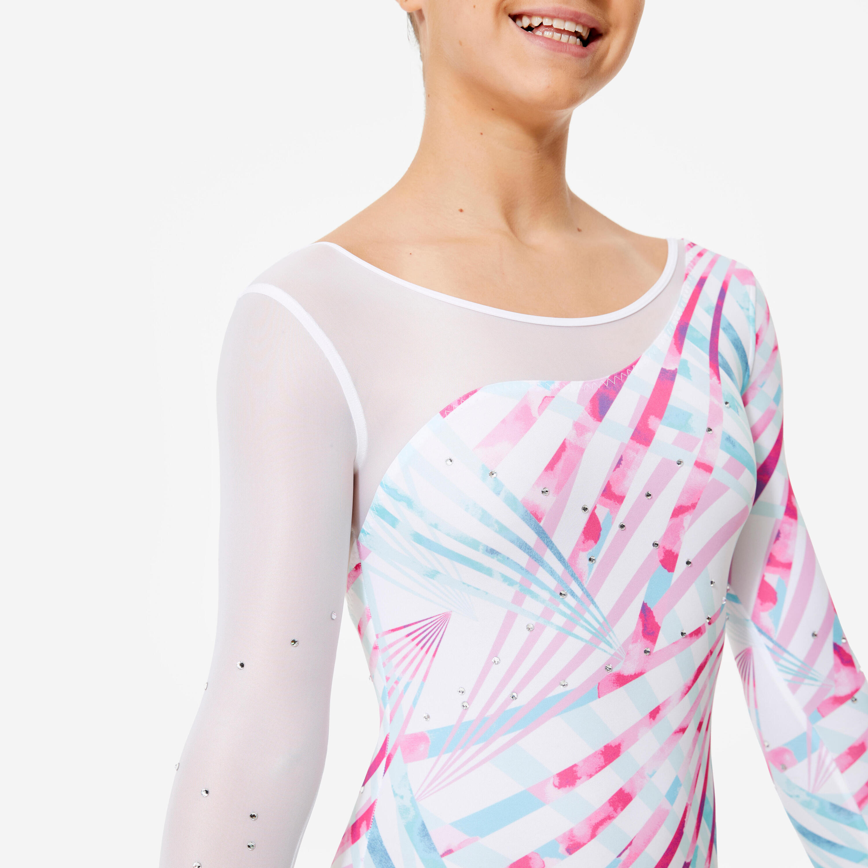 Body bambina ginnastica artistica manica lunga con strass bianco stampato 5/9