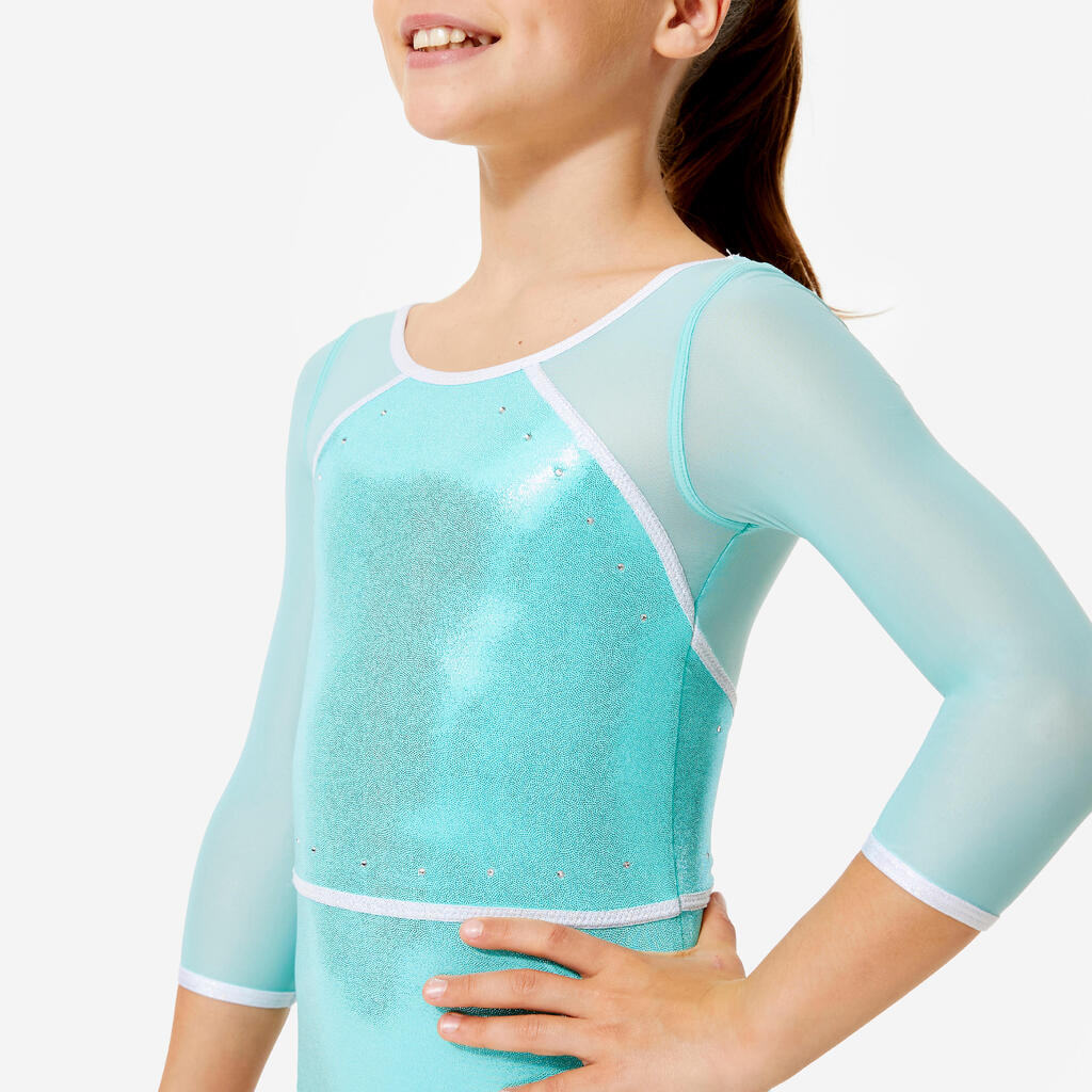 Girls' 3/4 Long Sleeved Gym Leotard - Shiny Turquoise Glitter with Rhinestones