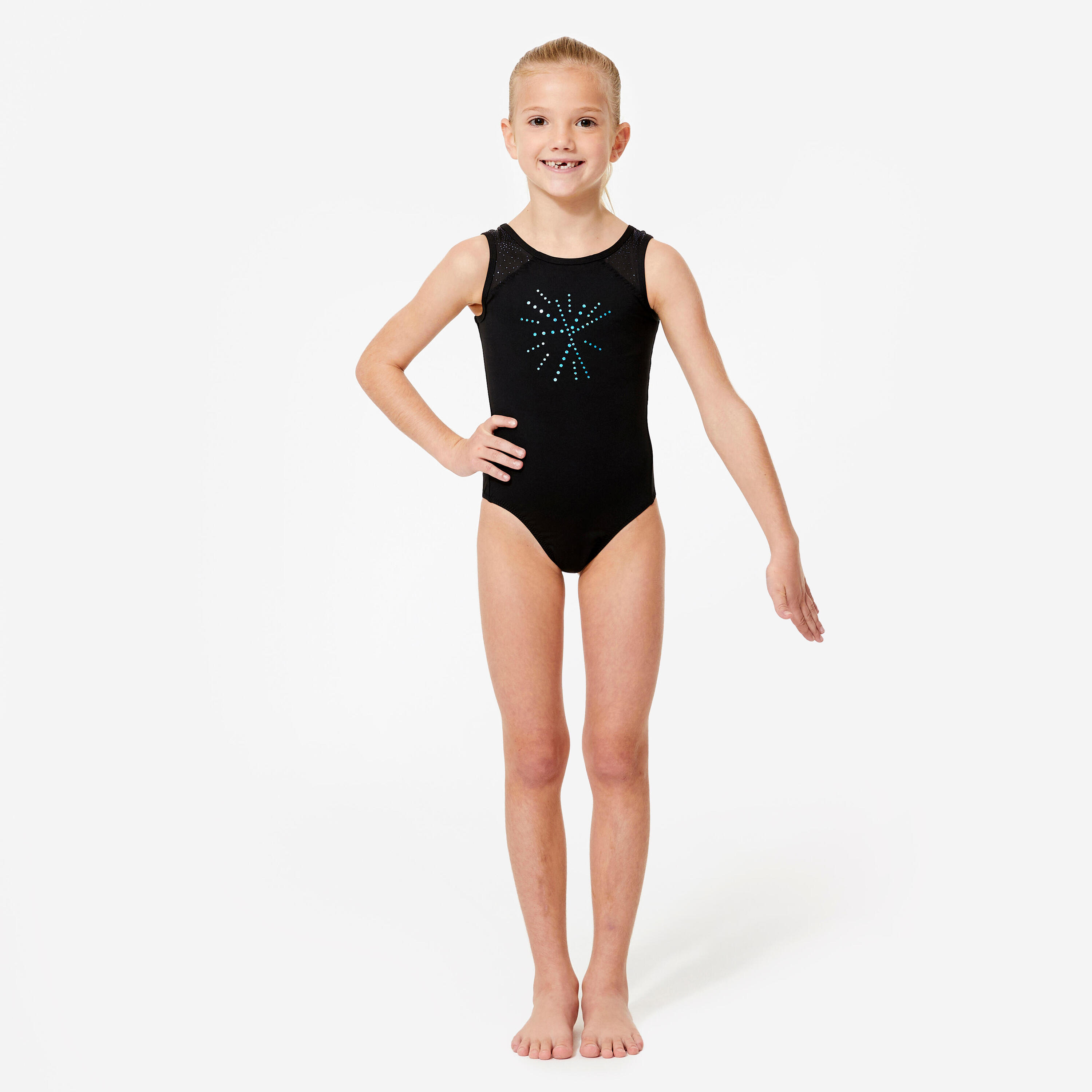 DOMYOS Maillot Gimnasia JSM 540 Niña Negro Purpurina Azul Sin Mangas Cuello Redondo