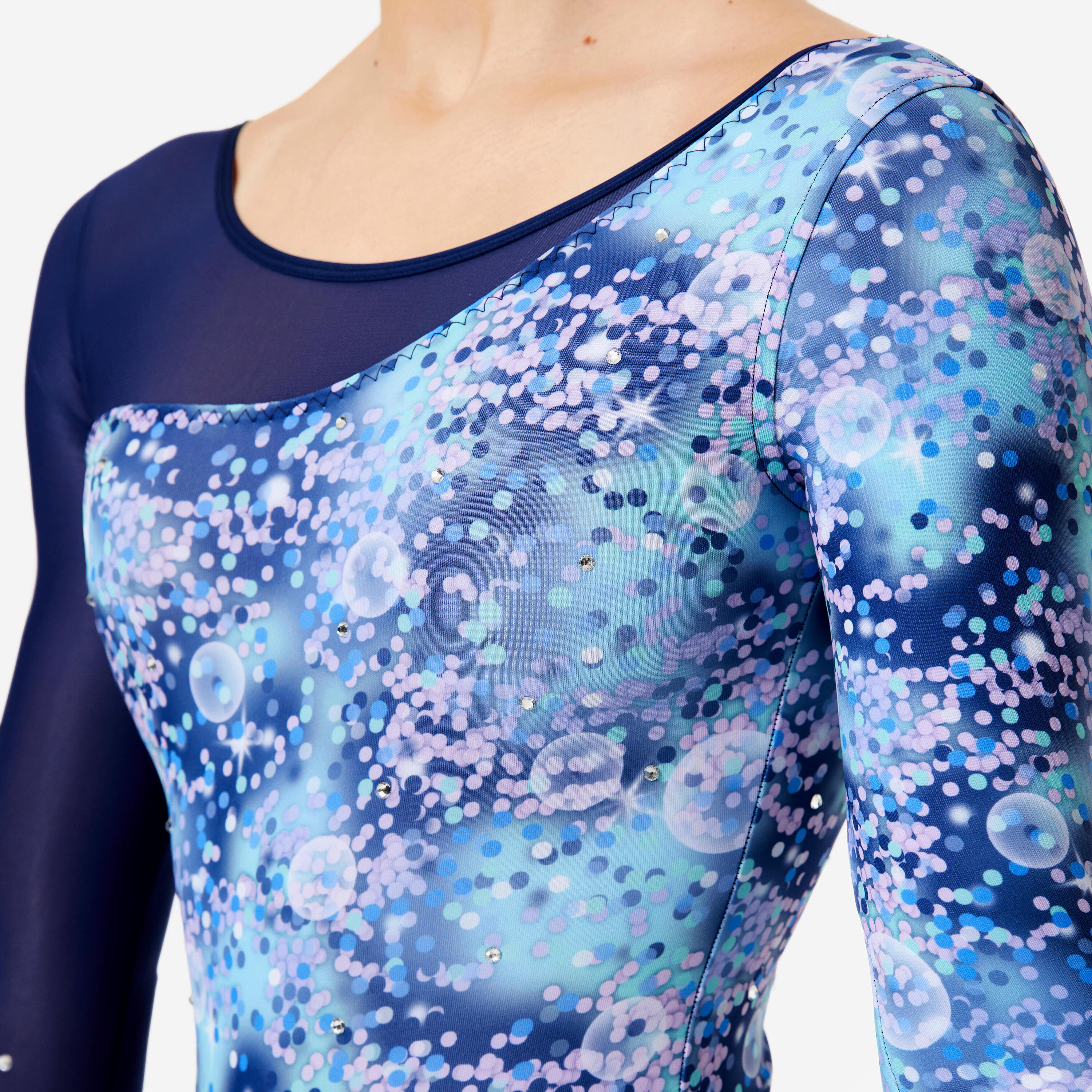 Justaucorps gym manches longues à strass fille, turquoise et bleu marine 7/10