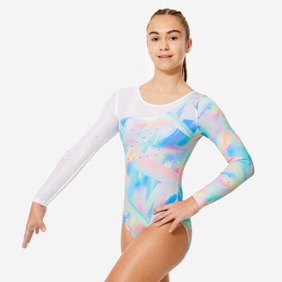 Body bambina ginnastica artistica manica lunga con strass azzurro-viola chiaro