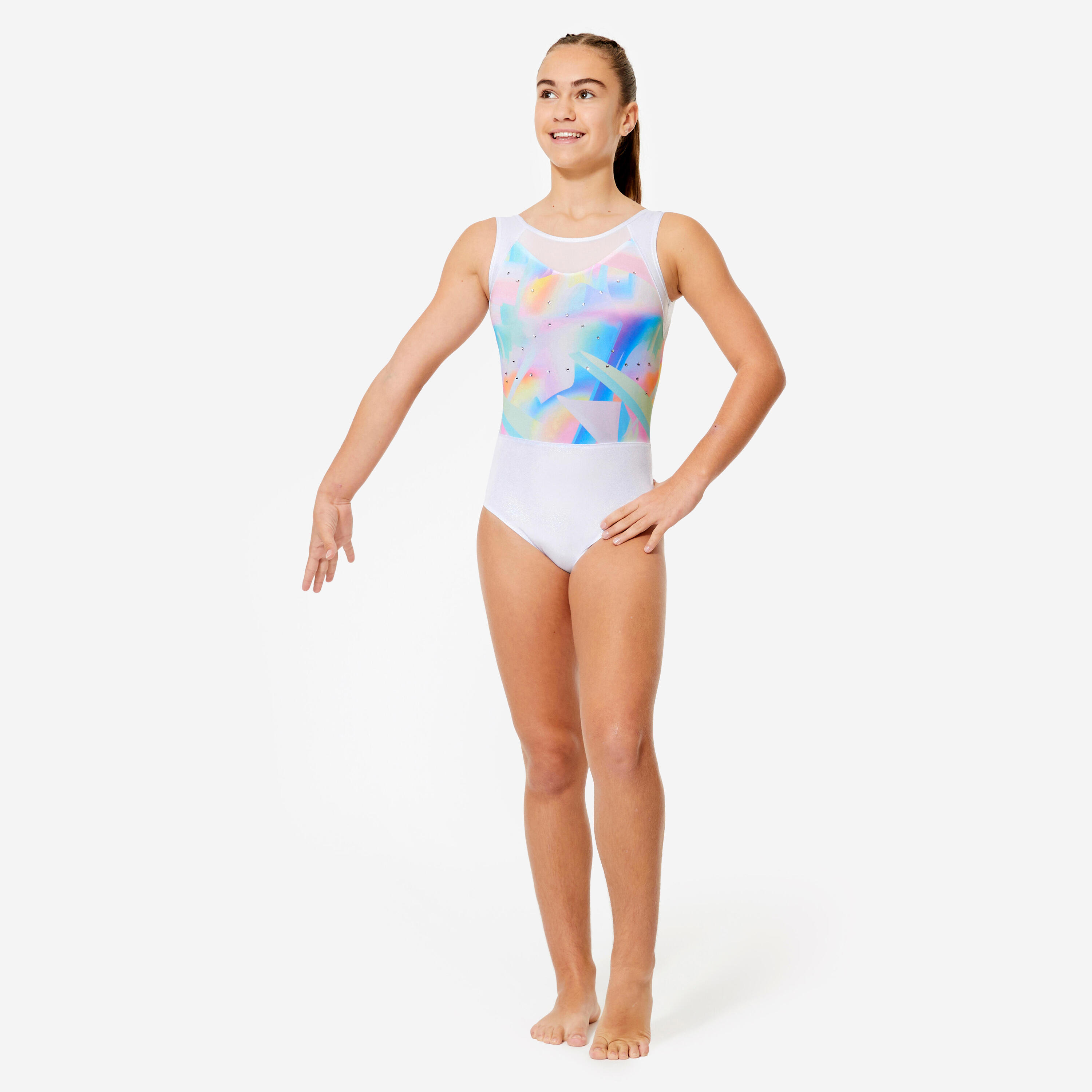 Ritmische gymnastiek turnpakjes meisjes paarse print luxe flash diamant ronde hals mouwloos wedstrijdkostuum, Paars, L
