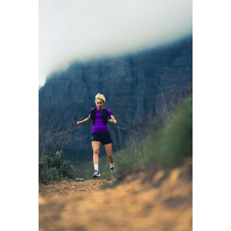 Tricou slim fără cusături alergare asfalt+ trail KIPRUN Run500 Confort Mov Damă