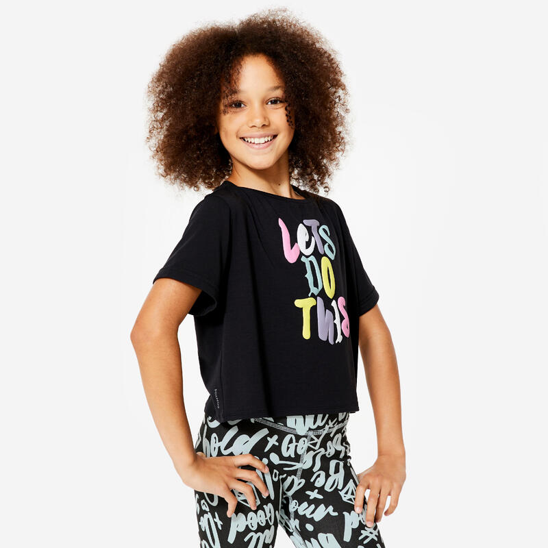 T-shirt danse modern jazz crop top fille, noir graphite et rose begonia