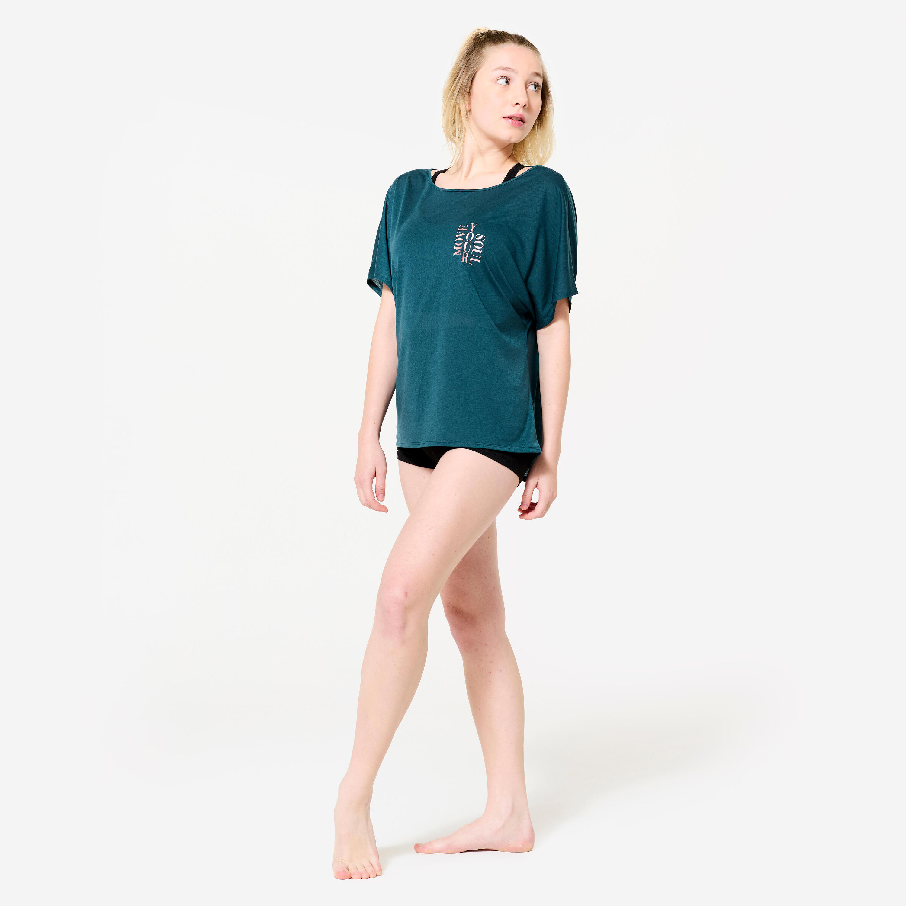 T-shirt danse moderne, manches courtes fluides femme, bleu canard 2/8