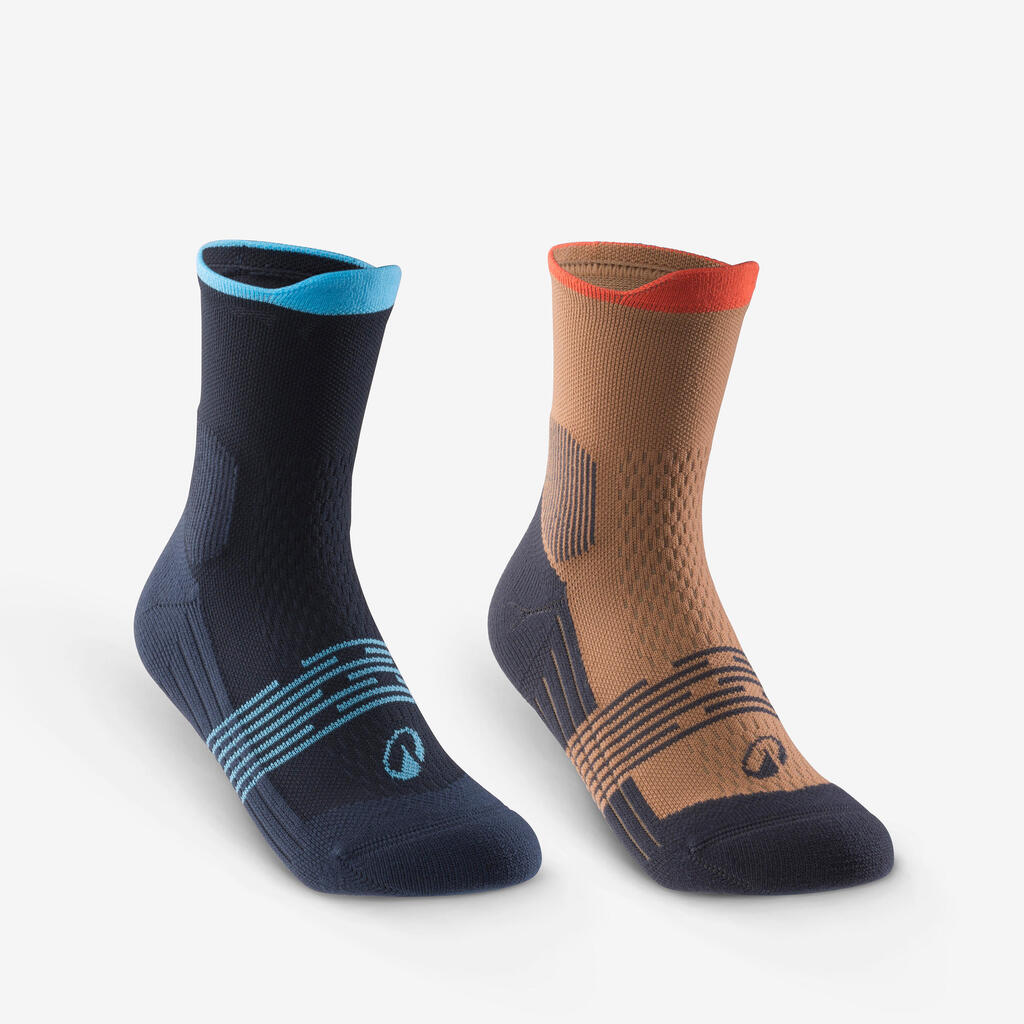 Chaussettes de randonnée enfant (lot 2 paires), HIKE500 Mid marron et bleu