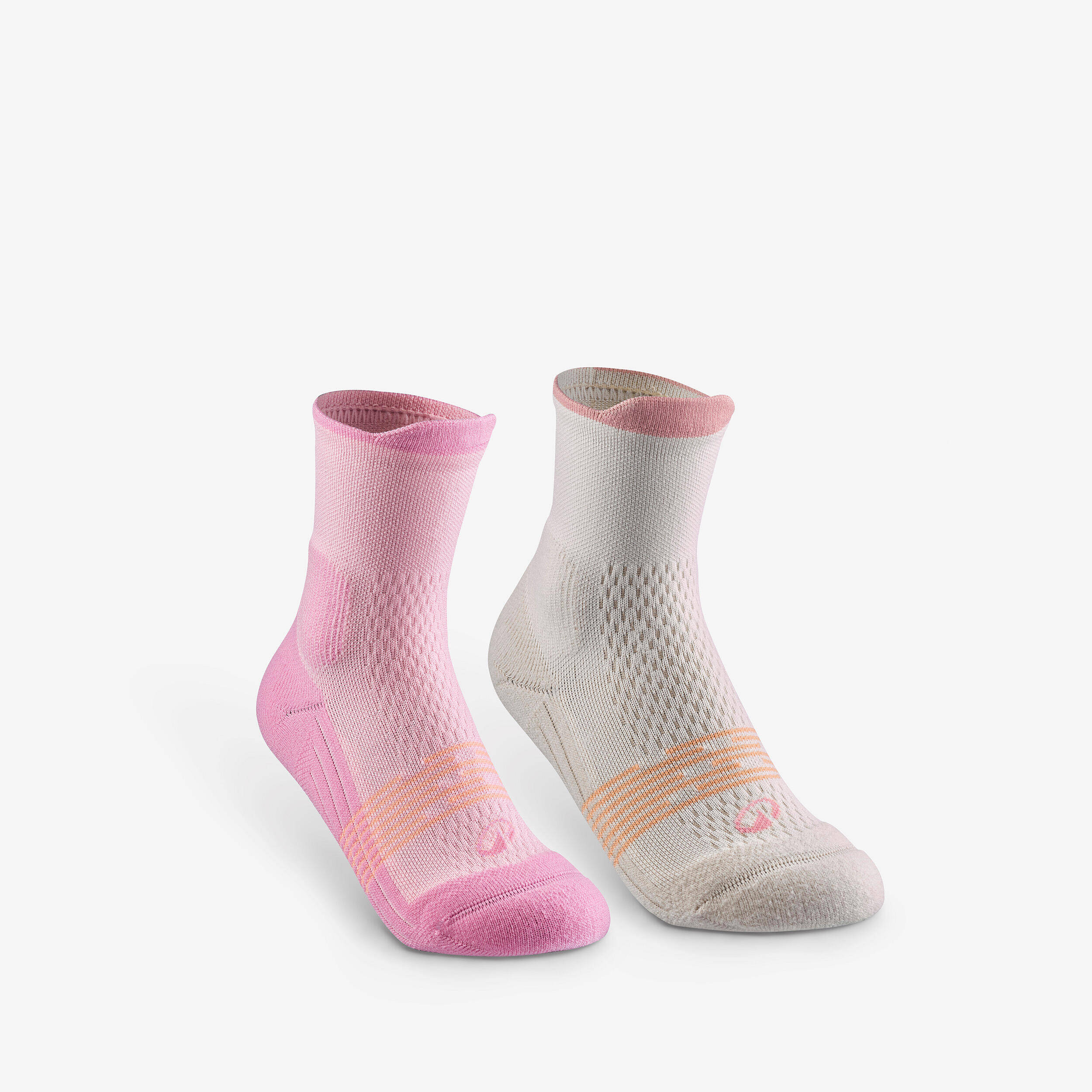 Kids’ mid-rise hiking socks (2 pairs), UK Jr Sizes 9-5, Hike 500 - Pink -  1