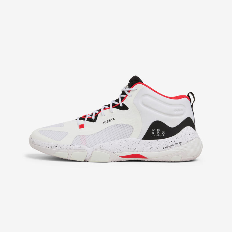Zapatillas de voleibol Kipsta Cushion Mid, blancas con detalles negros y rojos