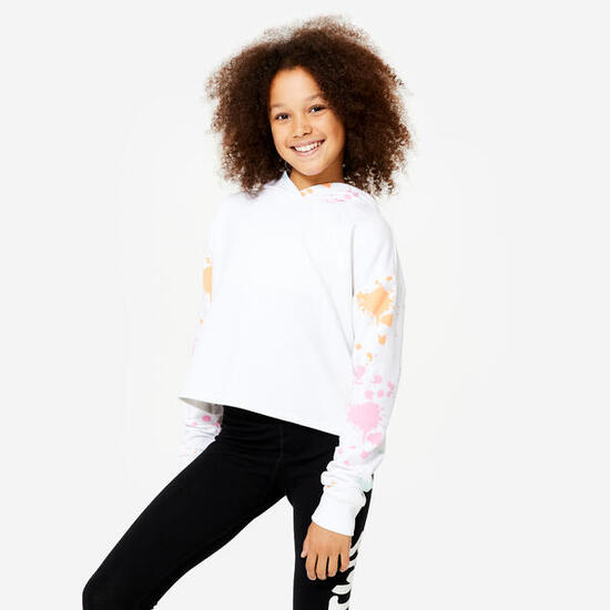 Sweat danse modern jazz crop avec capuche fille, blanc ultra et vert céladon