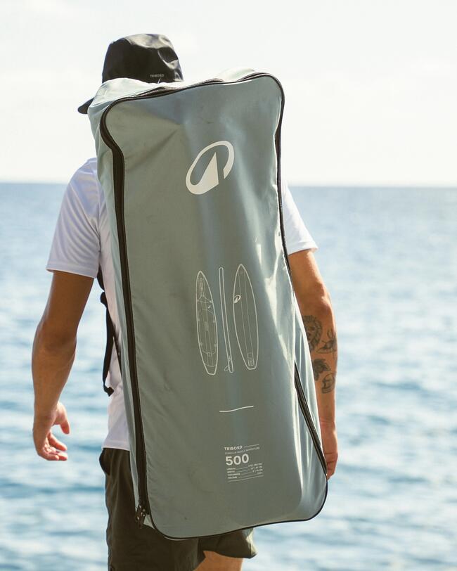 Person trägt großen, grauen Rucksack mit weißen Symbolen; Hintergrund aus blauem Ozean und hellem Himmel.