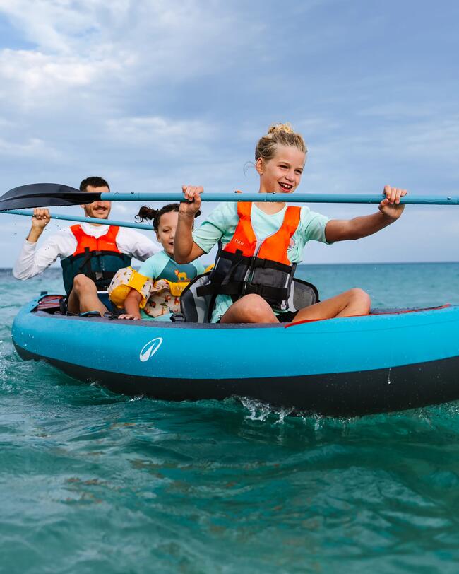 Drei Personen im blauen Kajak auf ruhigem Meer, klare blaue und graue Himmel, leuchtend orangefarbene Schwimmwesten.