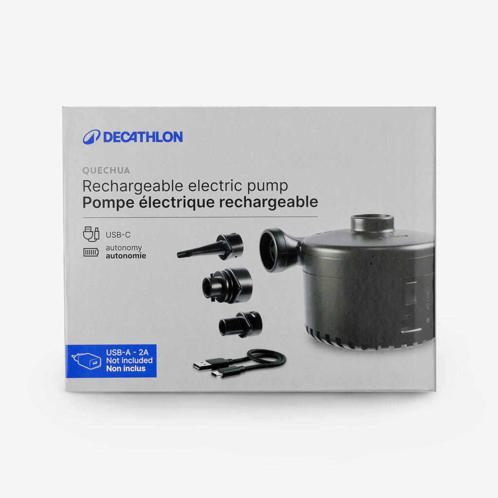 Electric pump for camping mattresses, on a battery, rechargeable via USB-C