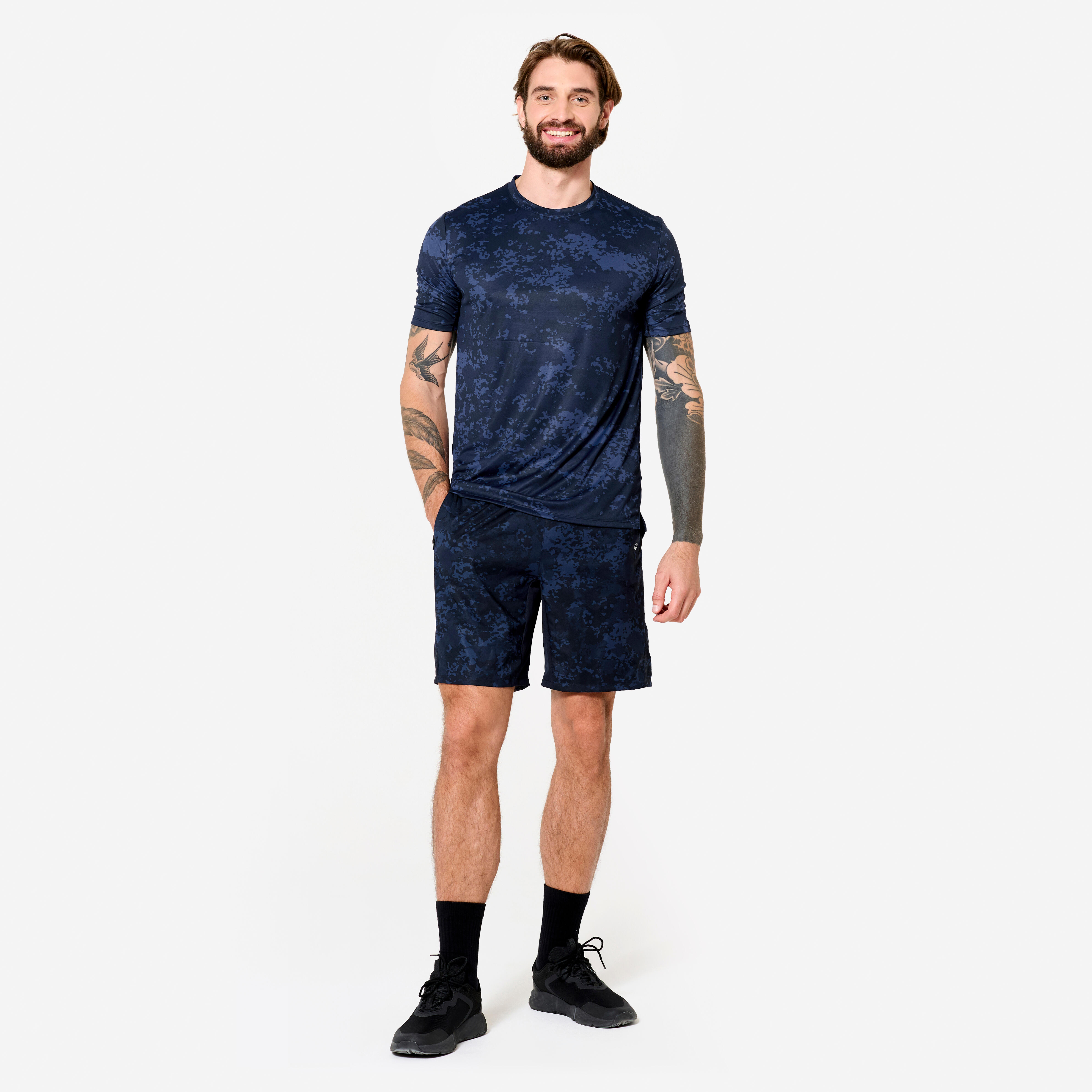 Short-Sleeved Crew Neck Breathable Men's Gym Fitness T- Shirt- Navy Blue