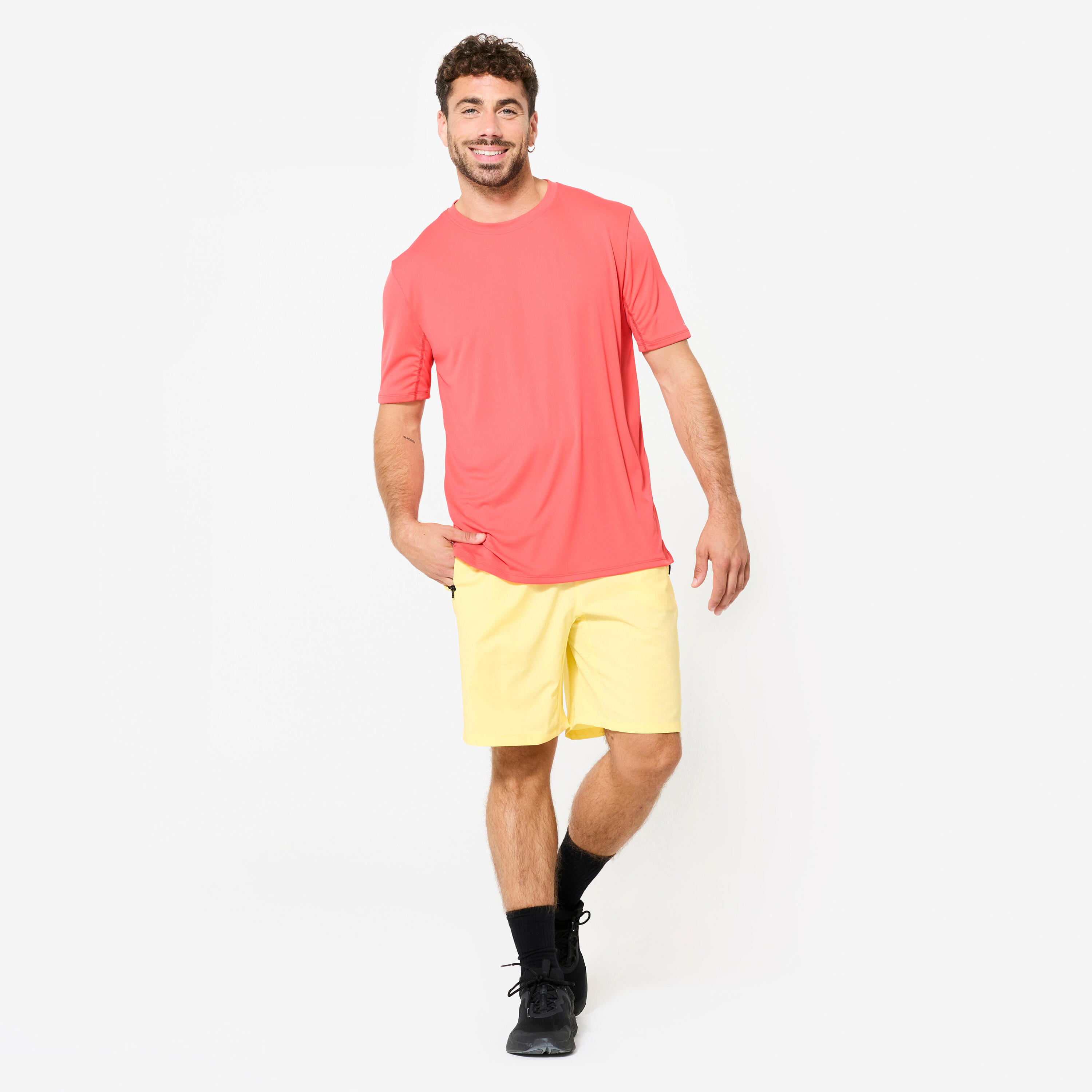 Playera de fitness transpirable de manga corta y cuello redondo rosa para hombre 2/7