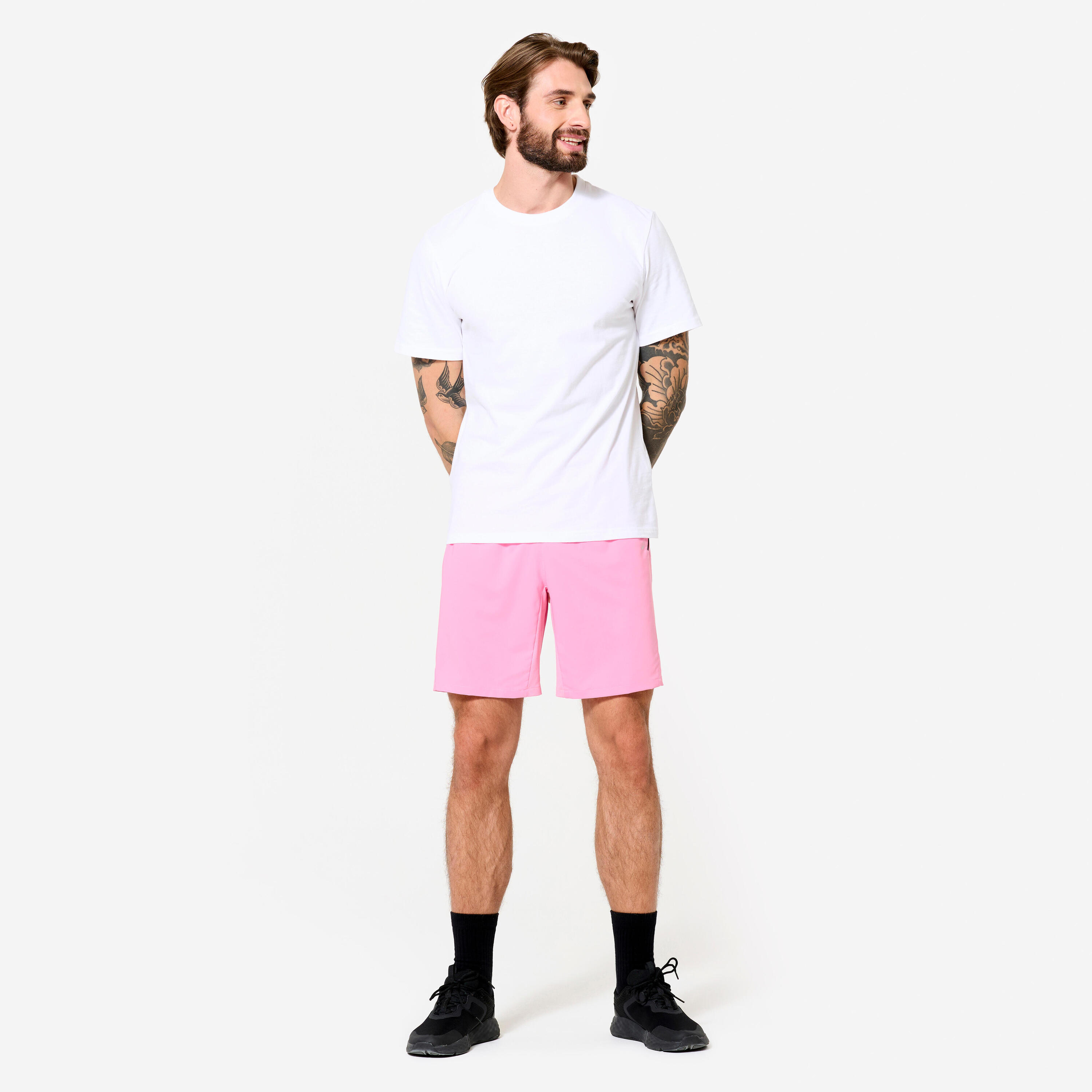 Pantalón Corto Fitness Hombre Rosa Transpirable Bolsillos Cremallera 2/7
