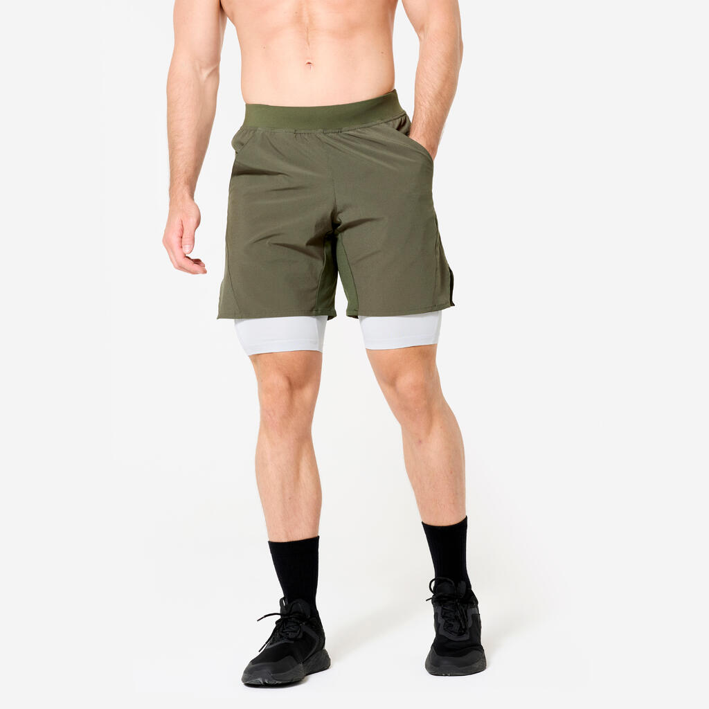 Short de fitness 2 en 1 collection respirant poche zippée homme - kaki