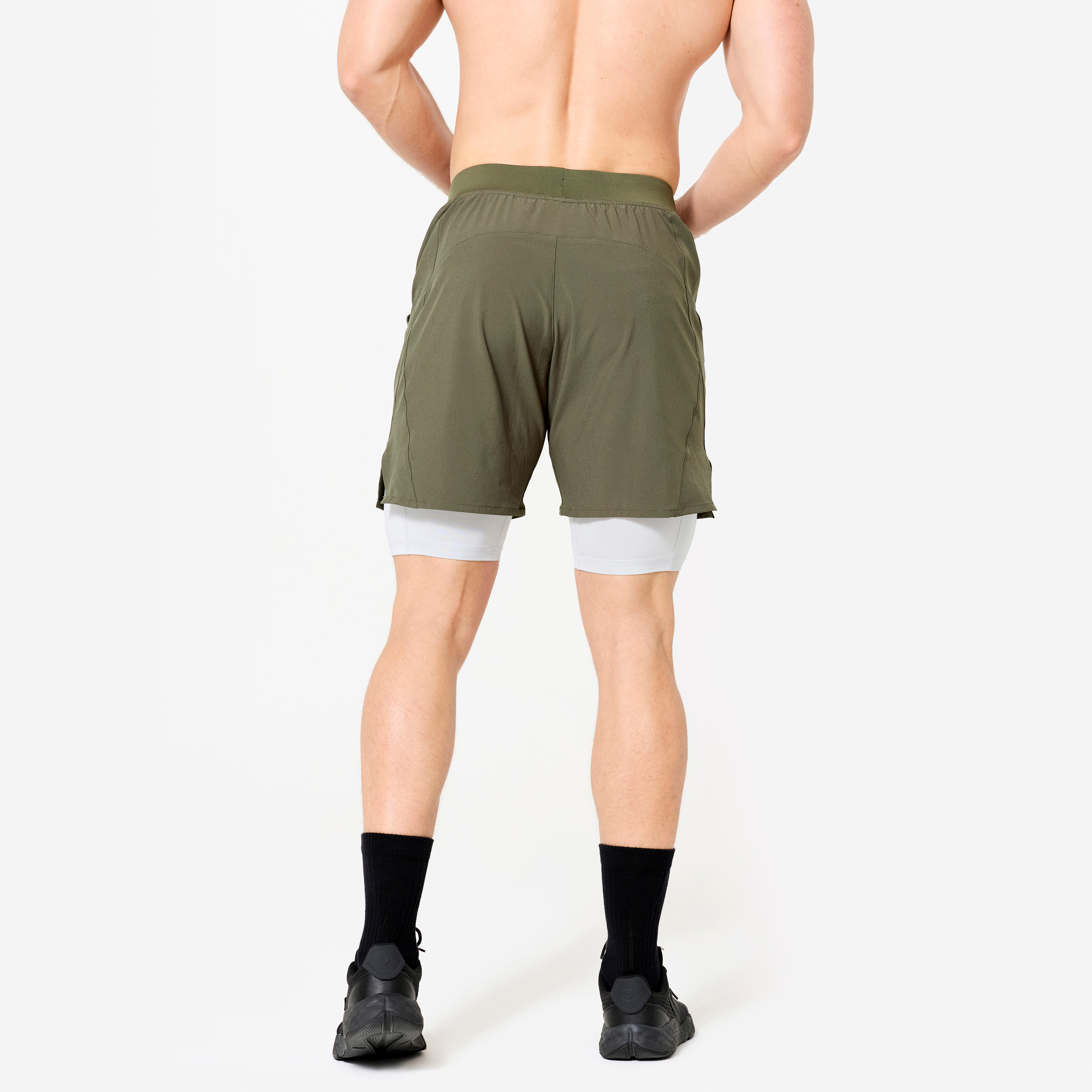 Short 2 en 1 respirant avec poche zippée homme - 500 - Kaki Foncé, Gris pâle - Domyos - Décathlon