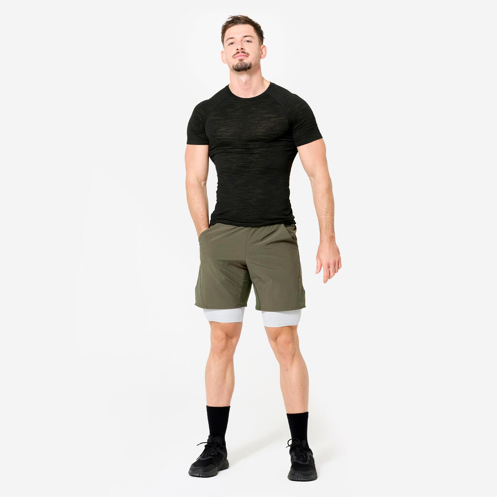Short de fitness 2 en 1 collection respirant poche zippée homme - kaki